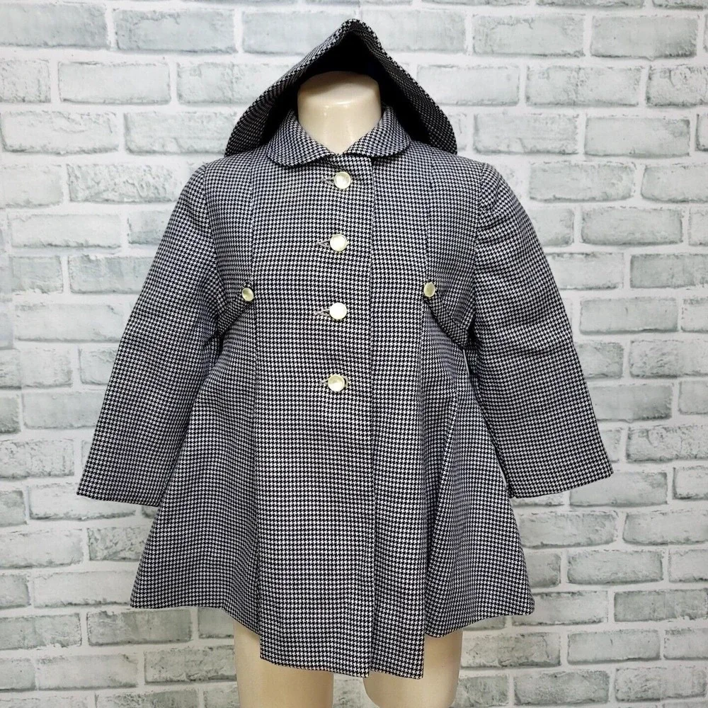 Vintage 60s Toddler Coat & Hat Set Size 3 Navy White Houndstooth‎ Bambury Mod